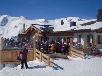 Pausing for a long lunch at one of the many huts that you'll find on the slopes at Austrian ski areas like in Austria's Oetzal Valley.