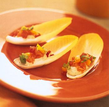 Belgian Endive Spears with Herbed Cream Cheese and Smoked Salmon, a Colorful Holiday Appetizer Recipe