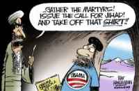 Walt Handelsman - Editorial Cartoon  | Obama: Innocent or 'Infidel' Abroad? | Obama; Osama bin Laden; jihad; martyrs