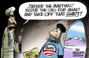 Walt Handelsman - Editorial Cartoon  | Obama: Innocent or 'Infidel' Abroad? | Obama; Osama bin Laden; jihad; martyrs