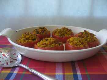 Tomatoes with Cornbread and Chorizo Stuffing