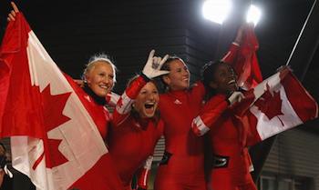 2010 Vancouver Winter Olympic Games: Women's Bobsled - Canada Wins Gold & Silver. Canadian Bobsledders Celebrating 1-2 Finish