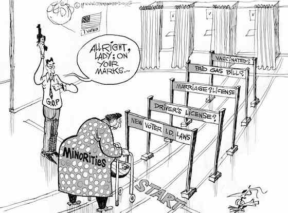 Voting Rights Obstacles, an OtherWords cartoon by Khalil Bendib