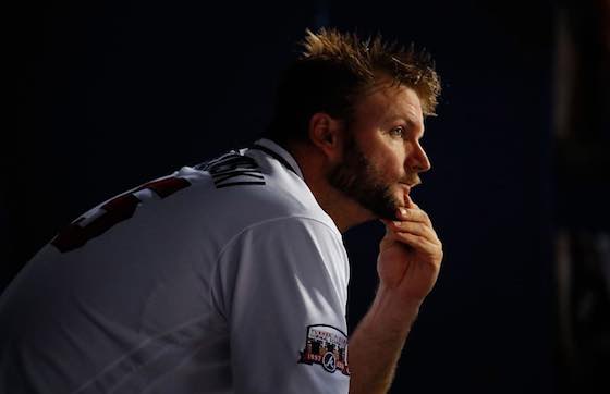 A.J. Pierzynski of the Atlanta Braves sits in the dugout during a game against the San Francisco Giants.