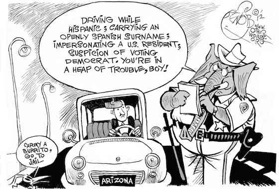 Arizona's Immigration Bind: 'Papers, Please' (Cartoon by Khalil Bendib)