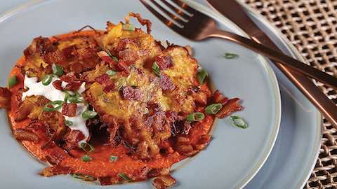 Bacon and Spaghetti Squash Fritter with Roasted Red Pepper Sauce Recipe