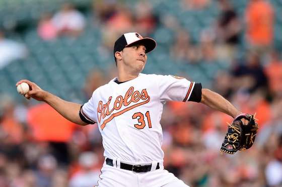 Baltimore Orioles pitcher Ubaldo Jimenez throws a pitch against the Kansas City Royals.