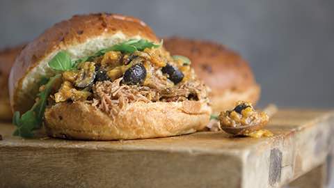 Big Game Day Recipes - Pulled Pork Sandwiches with Peach-Olive Jam
