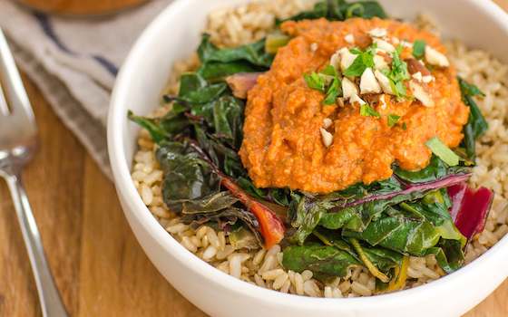 Brown Rice Bowl with Chard and Nutty Tomato Romesco Sauce Recipe