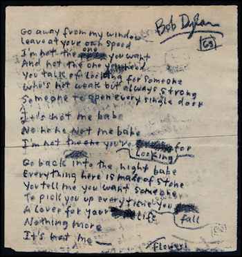 Bob Dylan's handwritten lyrics for the song that became 'It Ain't Me Babe' sold for $24,000 recently in a Gotta Have It! Internet auction. Photo courtesy of www.gottahaverockandroll.com