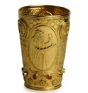 The contemporary 21-Karat gold and garnet Kiddush cup from Israel brought $20,000 at Sotheby's last winter.