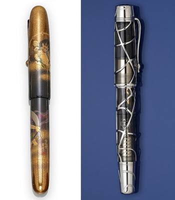 The Namiki fountain pen at left brought $17,080, and the Montblanc Black Widow pen at right sold for $20,740 recently at Bonhams