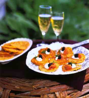 Corn-Leek Cakes with Caviar, Smoked Salmon and Creme Fraiche