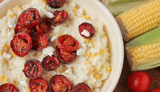 Creamy Grits with Corn, Goat Cheese and Roasted Tomatoes  