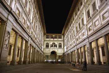 The courtyard of Florence's Uffizi Gallery is worth a visit in the evening, but be prepared for disruptions at the museum due to a massive renovation project.