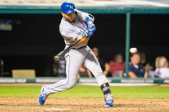 Former Kansas City Royals second baseman Omar Infante hits a two RBI single during a game against the Cleveland Indians.