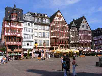 Frankfurt's Romerberg Square looks old, but this row of half-timbered buildings was built in 1983
