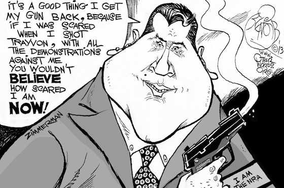 George Zimmerman's Smoking Gun (OtherWords cartoon by Khalil Bendib)