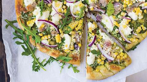 Big Game Day Recipes - Grilled Pizza with Arugula Pesto, Corn & Ham - Keep Cool on the Grill