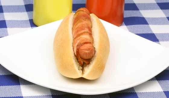 Gruyere-Stuffed Bacon-Wrapped Hot Dog Melts with Horseradish Mustard 