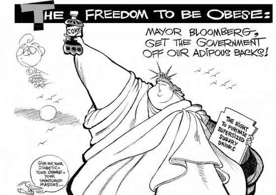 The War on Soda Pop - Supersized Liberty, an OtherWords cartoon by Khalil Bendib