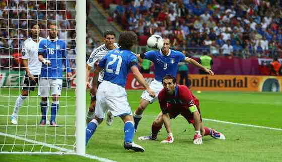 WARSAW, POLAND - JUNE 28: Gianluigi Buffon (R) and Andrea Pirlo (C) of Italy in action during the UEFA EURO 2012 semi final match between Germany and Italy at the National Stadium on June 28, 2012 in Warsaw, Poland. (Photo by Michael Steele/Getty Images)
