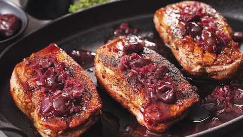 Mocha-Rubbed Duck Breast with Cherry and Red Wine Pan Sauce Recipe