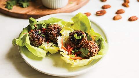 Big Game Day Recipes - Pecan-Crusted Asian Turkey Meatball Lettuce Wraps - Effortless Summertime Recipe