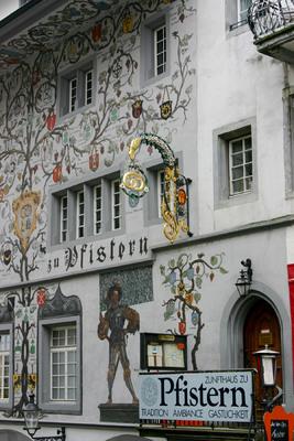 Colorfully decorated with frescoes, Pfistern is a Zurich restaurant serving traditional Swiss specialties