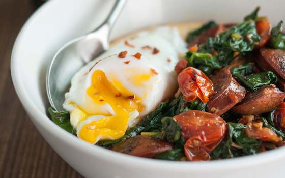 Polenta Bowl with Garlicky Spinach, Chicken Sausage and Poached Egg Recipe