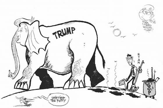 Riding Trump's Coattails, an OtherWords cartoon by Khalil Bendib