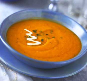 Roasted Butternut Squash-Sweet Potato Soup with Herbed Sour Cream Recipe