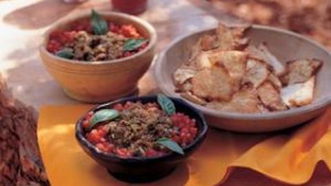 Roasted Eggplant Dip with Tomato Relish & Crispy Pita Toasts Recipe