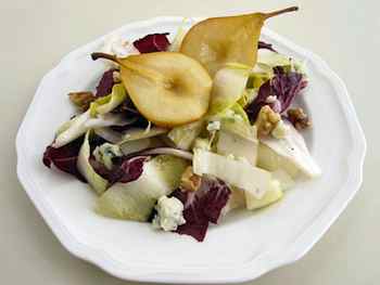 Roasted Seckel Pear, Endive and Radicchio Salad with Roquefort and Walnuts Recipe