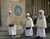 Church groups, like these in traditional costume from Pulsano, Italy, folk performers, choirs, and the general faithful throng St. Peter' Square for the Pope' general audiences.