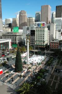 View of Union Square in San Francisco is taken from a window in the Westin St. Francis Hotel. San Francisco Weekend Getaway