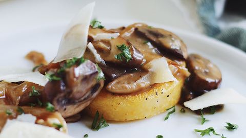 Seared Polenta Rounds with Mushrooms and Caramelized Onions Recipe