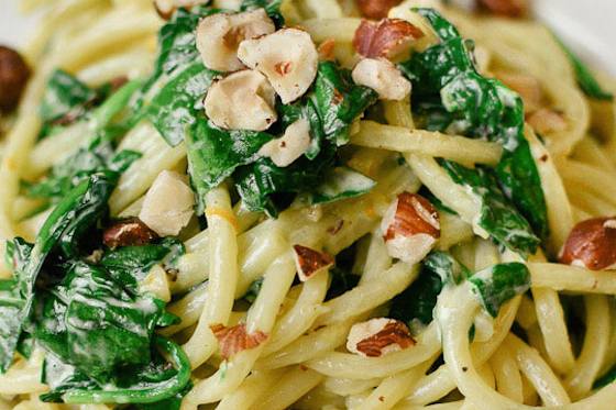 Spaghetti with Mascarpone, Meyer Lemon, Spinach and Hazelnuts Recipe