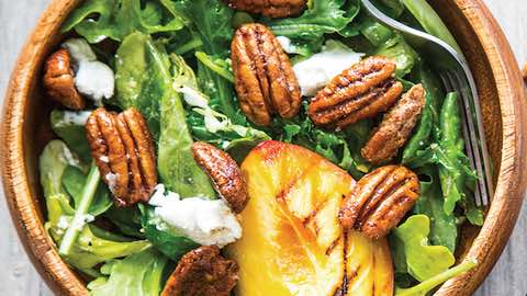 Big Game Day Recipes - Spiced Pecan Grilled Peach Salad with Goat Cheese - Effortless Summertime Recipe