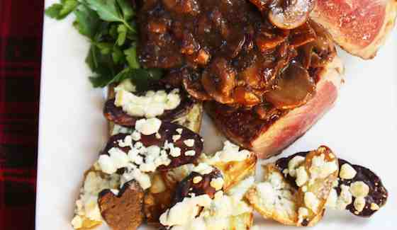 Steak with Drunken Mushrooms, Caramelized Onions and Roasted Blue Cheese Potatoes Recipe