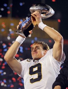 Super Bowl XLIV MVP Drew Brees Holding Lombardi Trophy