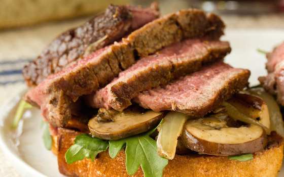 Theater Steak with Mushrooms, Onions and Grilled Bread Recipe