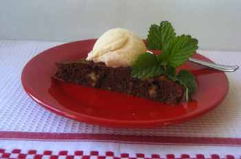 Triple Threat Brownies with Coffee Ice Cream and Chocolate Sauce