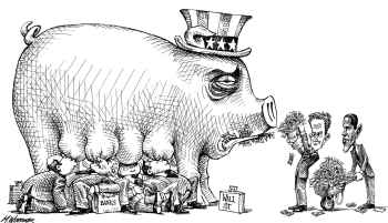 by Matt Wuerker relates to banks, the Obama administration and the federal trough