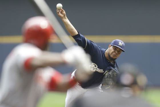 Wily Peralta of the Milwaukee Brewers throws a pitch against the Cincinnati Reds.