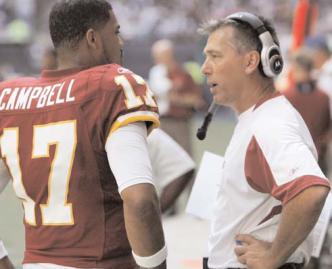 Redskins QB Jason Campbell & Head Coach Jim Zorn discussing matters on the sidelines